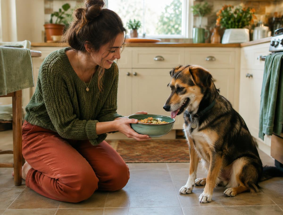 Frau reicht ihrem Hund in der Küche einen Napf mit Futter